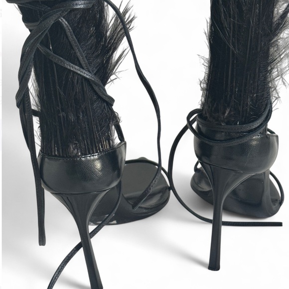 YSL Black Feather Lace-Up Stiletto Sandals - Picture 8 of 10